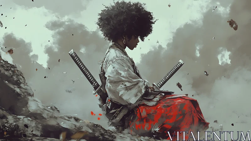 Afro samurai meditates in drifting battlefield smoke
