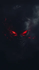 Sinister skull face with glowing red eyes in darkness.