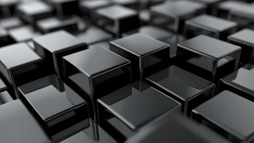Glossy black extruded cubes in staggered geometric grid array