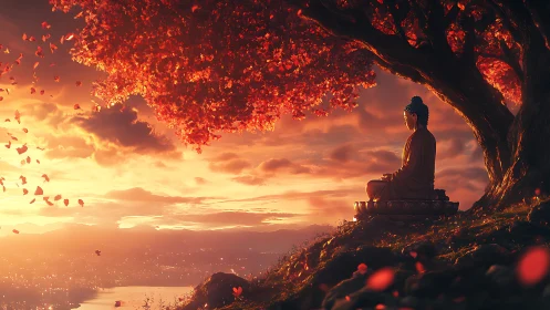 Serene Buddha statue under luminous sunset sky with falling leaves