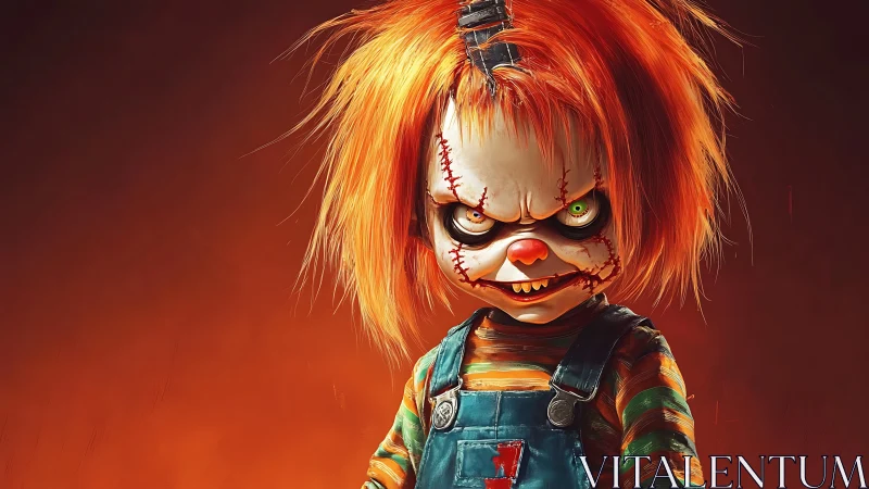 Creepy stitched doll with wild orange hair against fire glow.