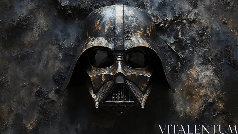 Weathered sci-fi villain helmet against a charred wall.