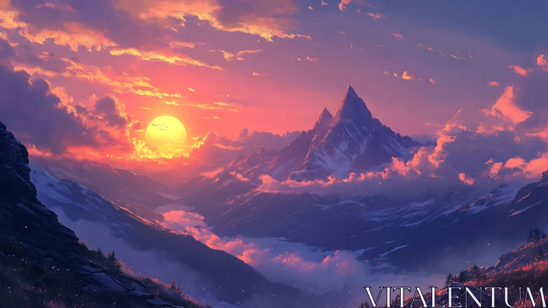 Sunset crown over dreamlit peaks in molten lavender skies.