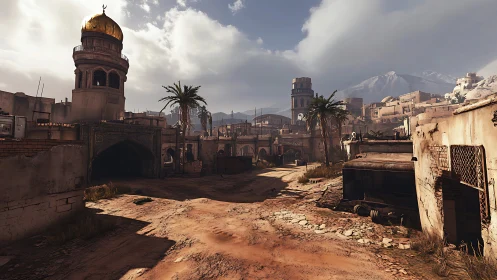 Desert town street curves toward domed tower under clouds