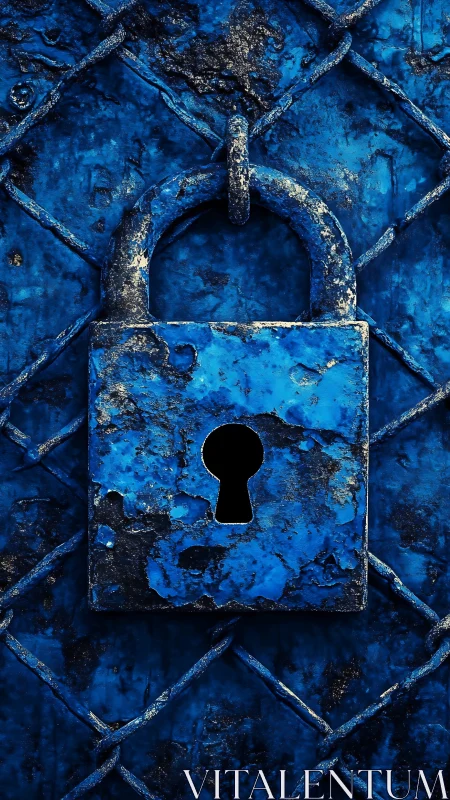 Weathered blue padlock on metal chain-link fence surface.