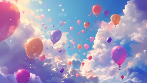Pastel balloons drift through radiant sunlit sky.