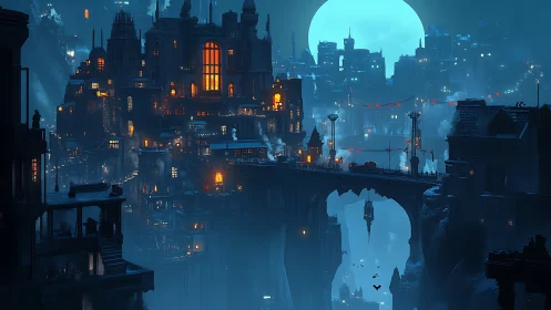 Futuristic cliffside city glows beneath oversized moon.