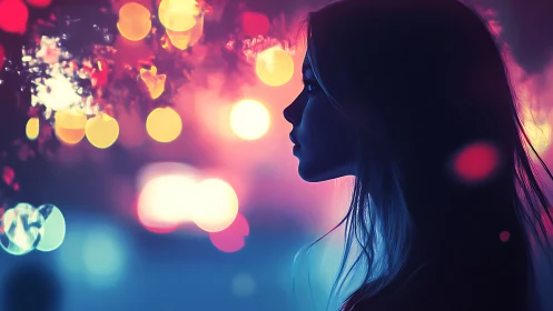 Side profile silhouette of woman against neon bokeh lights
