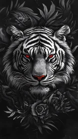 Monochrome white tiger portrait with red eyes and florals