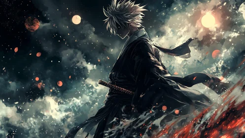 Lone silver‑haired swordsman walking through a burning sky.