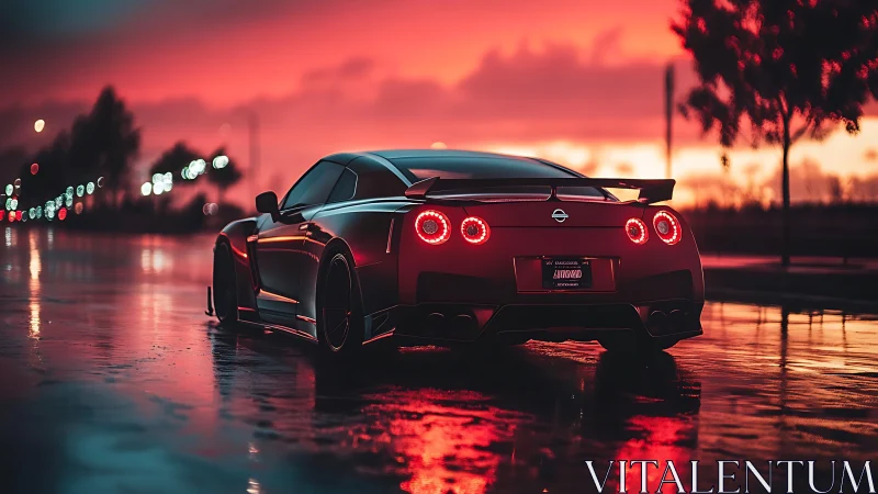 Wide-angle rear view of tuned Nissan GT-R on rain-soaked street at dusk