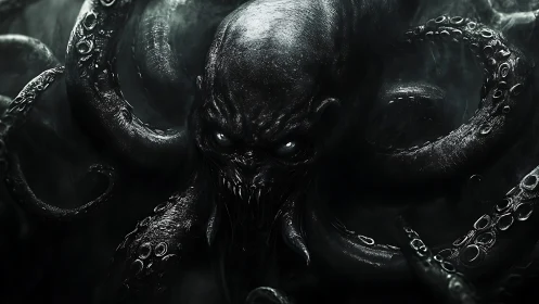 Bioluminescent abyssal cephalopod horror rendered in high contrast