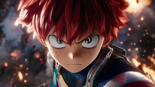 Red haired anime hero in battle with intense glare.