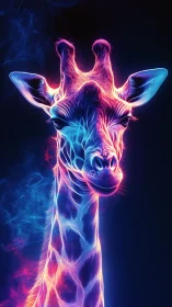 Neon-lit giraffe glows with vivid electric bioluminescence.