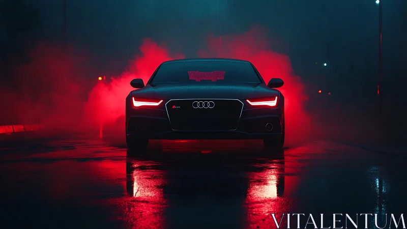 Low-angle frontal Audi sedan in neon red cinematic backlight