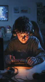 Glow-lit gamer kid guarding a rainbow keyboard kingdom.