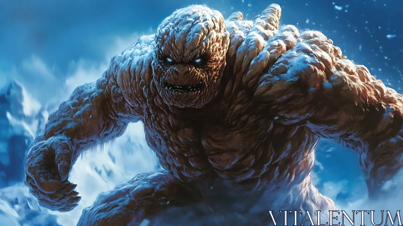 Frostbound stone giant charging through a stormy blizzard.