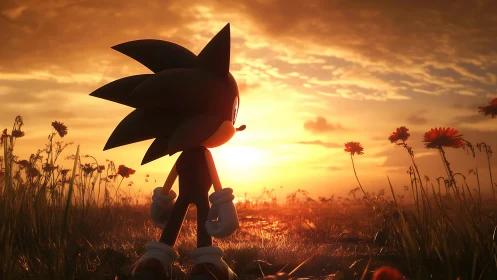 Blue hedgehog silhouette watches a glowing sunset field.