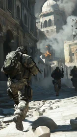 Soldiers advance through a damaged urban street under fire