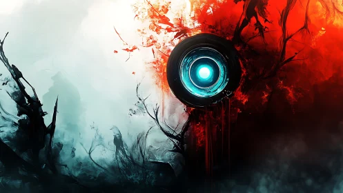 Cyan tech eye divides cold blue and burning red chaos.