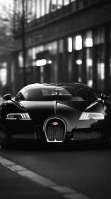 Midnight-black hypercar prowls the glassy urban canyon