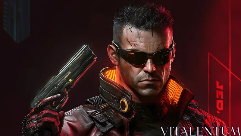 Cybernetic enforcer stands ready in neon red shadows