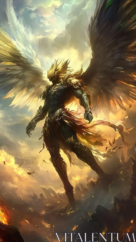 Winged armored humanoid figure stands over burning landscape
