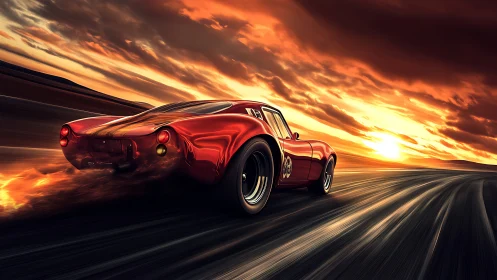 Retro racing coupe accelerates along molten sunset track