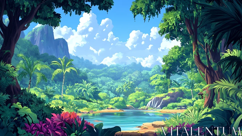 Lush tropical river valley framed by dense jungle canopy.