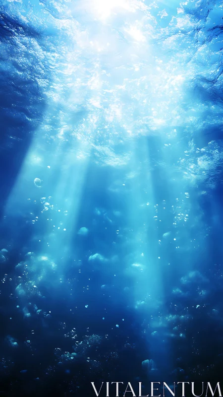 Sunbeams piercing deep blue ocean with drifting bubbles.
