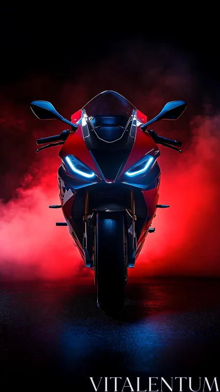 Midnight red superbike poised in cinematic neon haze.