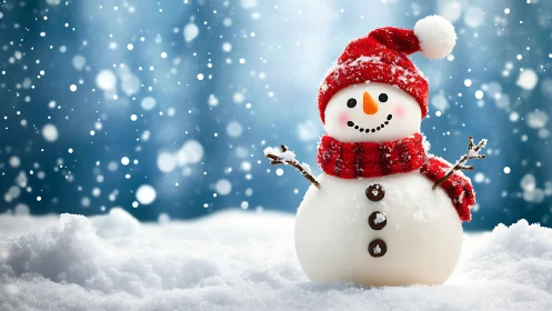Cheerful red-scarf snowman dancing in a soft snowfall.