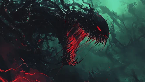 Nightmarish shadow beast opens a glowing crimson maw