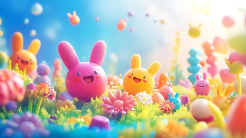 Rounded rabbit-like figures occupy dense pastel landscape