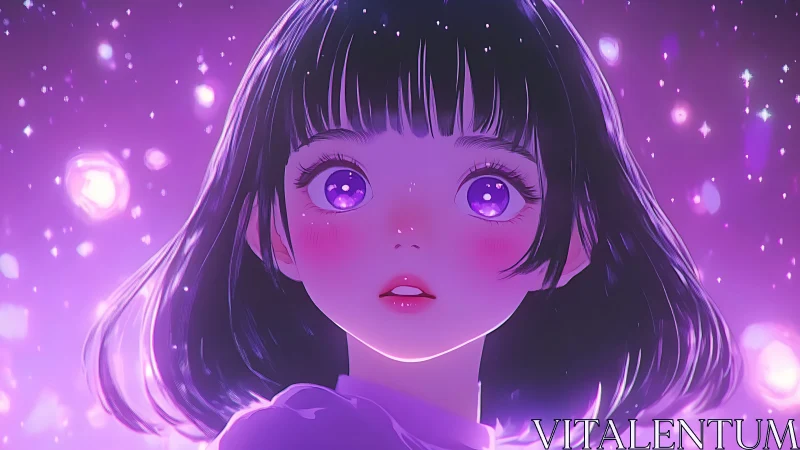 Violet-eyed anime girl gazes into radiant nebula glow