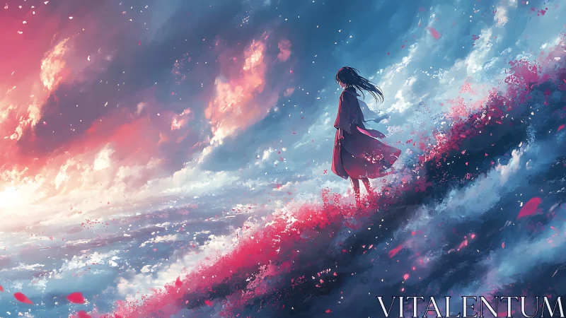 Solitary dreamer walking the edge of a painted sky.