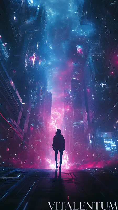 Solitary wanderer strides into a neon-scorched cosmic alleyway.