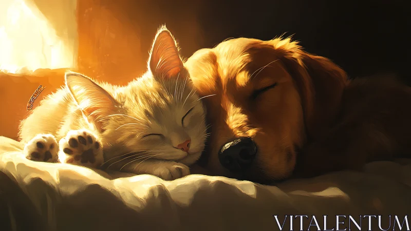 Golden-Lit Cat and Dog Sleeping Peacefully Together.