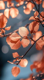 Copper leaves drift through dreamy blue autumn bokeh light.