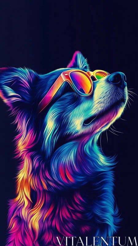 Neon gradient dog portrait with reflective sunglasses.