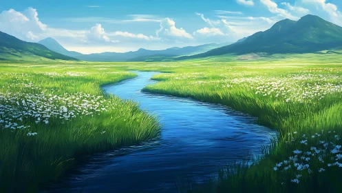 Sunlit river winds through wildflower meadows and blue hills.