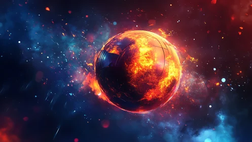 Fiery cosmic sphere erupts amid swirling deep space colors.