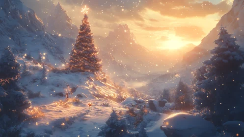 Glowing Christmas tree crowns a tranquil snowy mountain valley