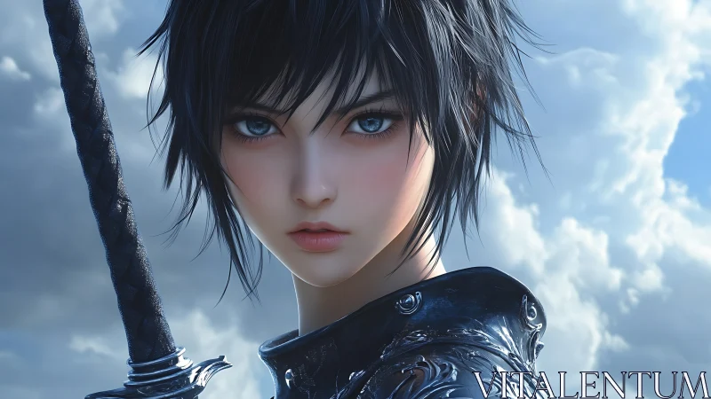 Young sword-bearing warrior stares forward against clouded sky.