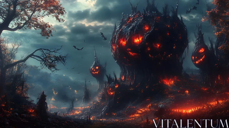 Enormous flaming pumpkin monsters dominate a dark forest