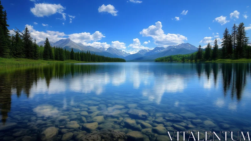 Photorealistic alpine lake with symmetric mirrored reflection.