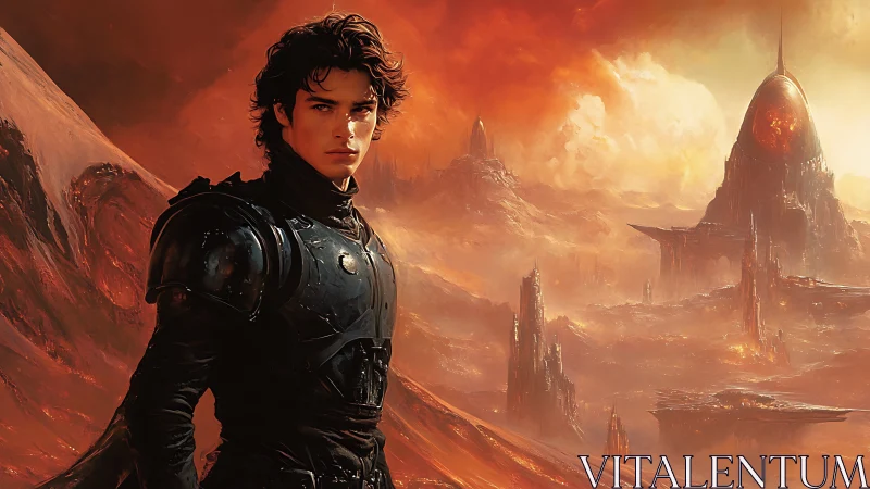 Armored wanderer on blazing alien dunes at dusk.