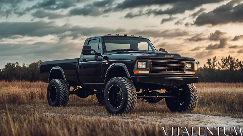 Bold lifted pickup truck waits in golden evening grasslands