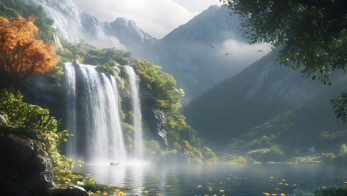High dynamic range mountain waterfall scene with volumetric mist and rowboat