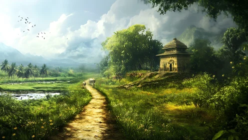 Ancient stone temple beside lush valley path at dawn